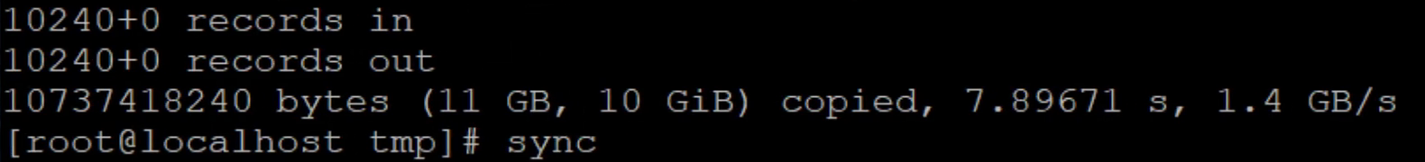 Completed dd output reports 10737418240 bytes, or 10 GiB, followed by the sync command.