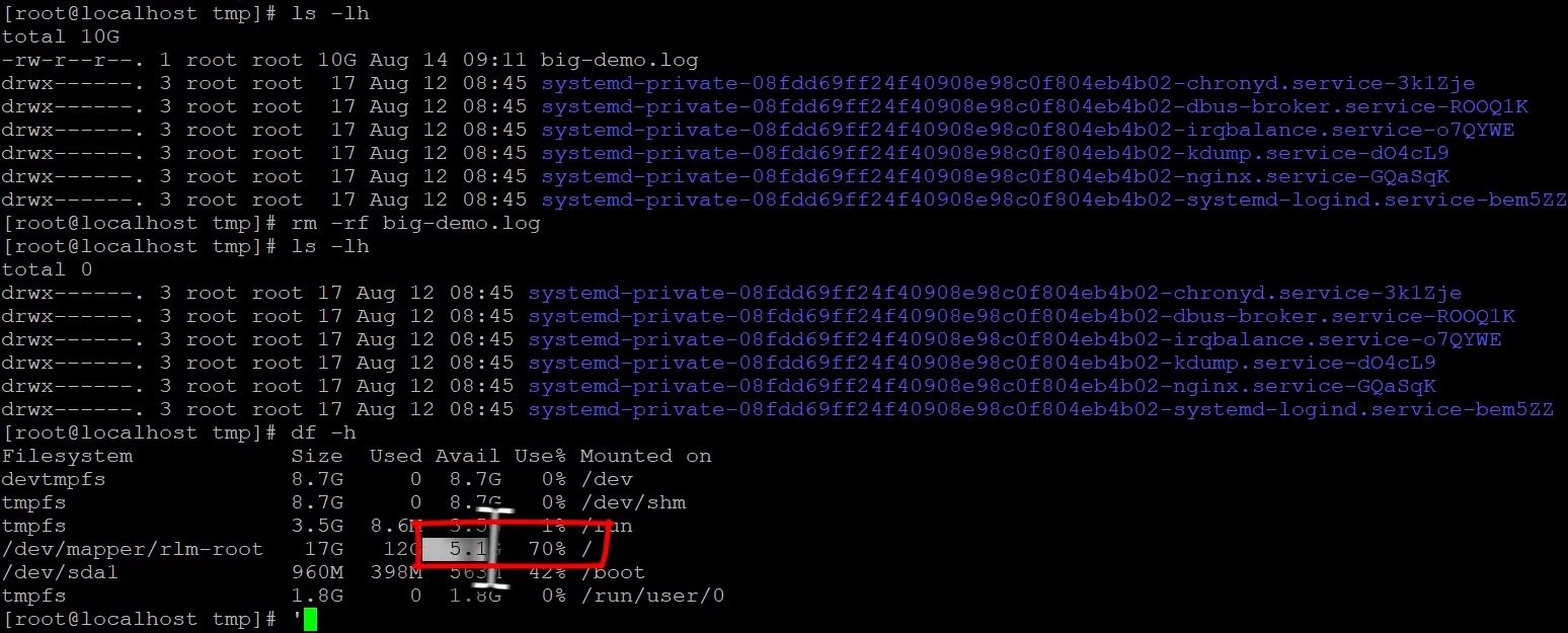 Terminal sequence shows big-demo.log at 10G, its deletion, a subsequent listing without it, and df still reporting 70 percent usage.