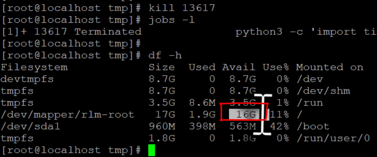 After kill 13617, jobs reports Terminated and df shows 16G available with root filesystem usage reduced to 11 percent.